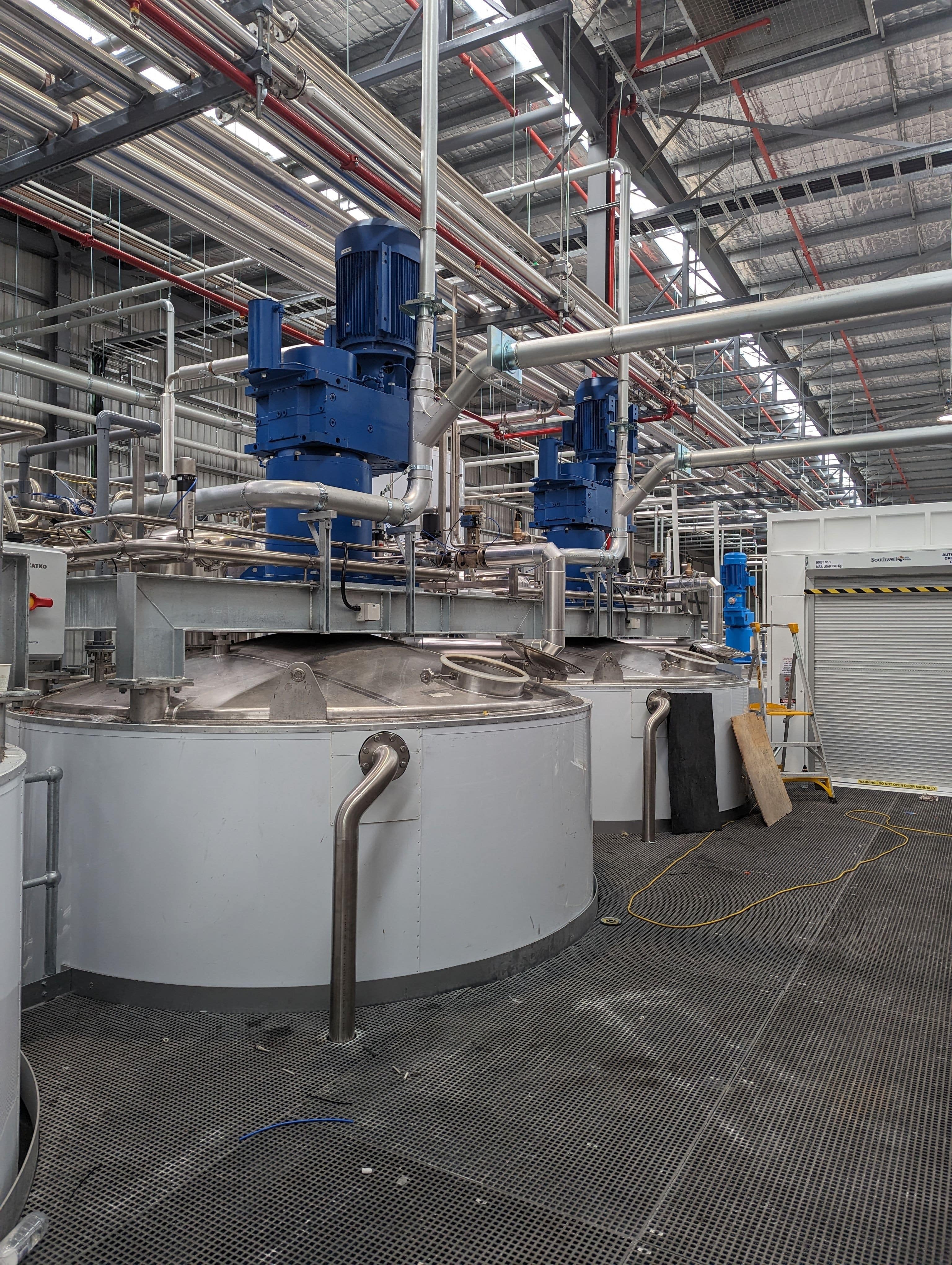 Very large LT-10 top entry agitators at a laundry detergent plant.