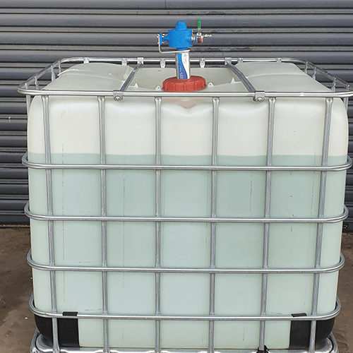 An IBC mixer with stainless steel bridge and VSD mounted to a white plastic IBC mixer with steel supports. 