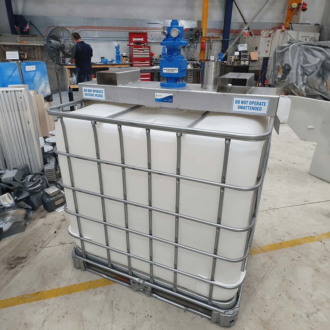 IBC Mixer for chemical agitation and liquid blending of chemicals.