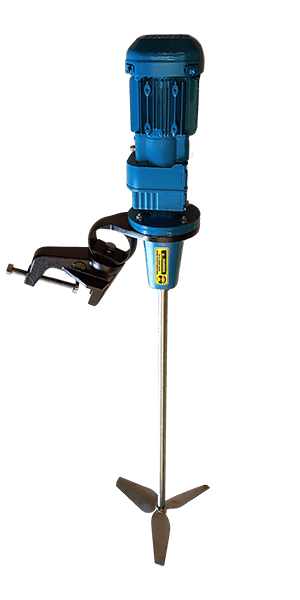 A blue FluidPro Clamp On Mixer with shaft and clamp visible. 