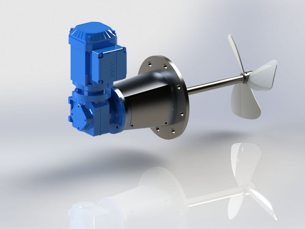 3D rendered image of the FluidPro SE-10 Side Entry Mixer at a straight angle mounting.