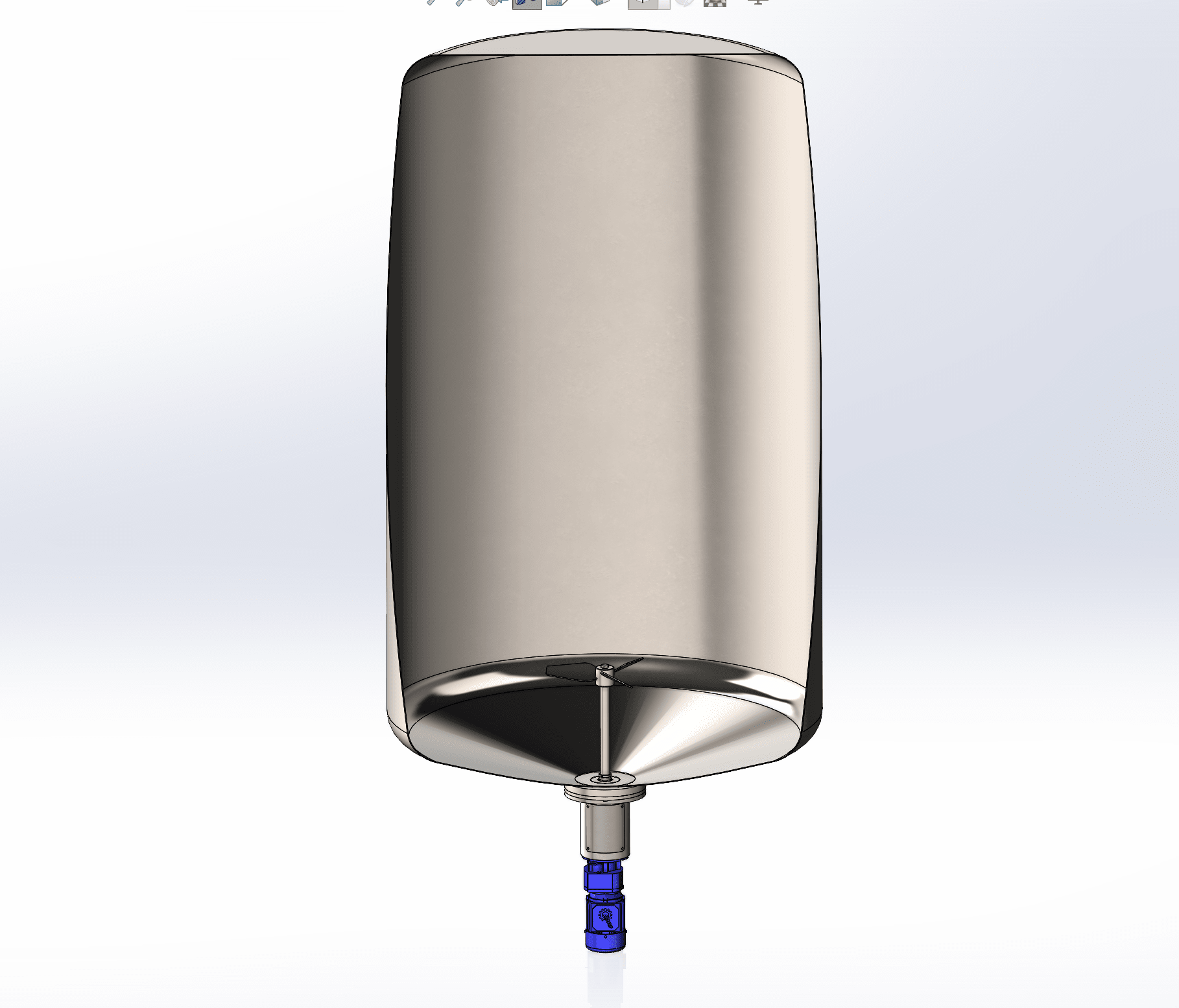 Base entry agitator mixer mounted to a tank with a bottom mount. The mixer protrudes vertically from the tank. This is a 3d render/CAD.