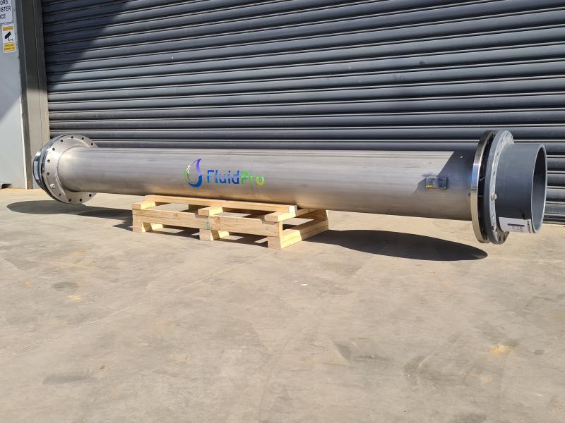 FluidPro static mixer made from stainless steel. A custom connection has been made for the pipeline.