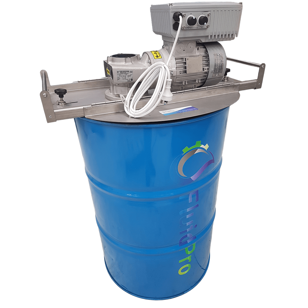 A heavy duty drum mixer with a stainless steel mounting bridge and electric motor, for mixing in open top drums.  
