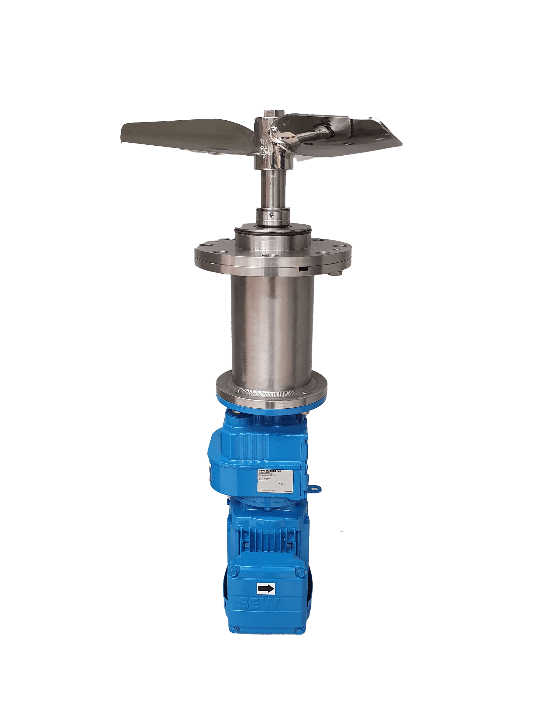 Full image of a BE-10 base entry agitator mixer, with polished propellor visible, mounting flange and electric motor.