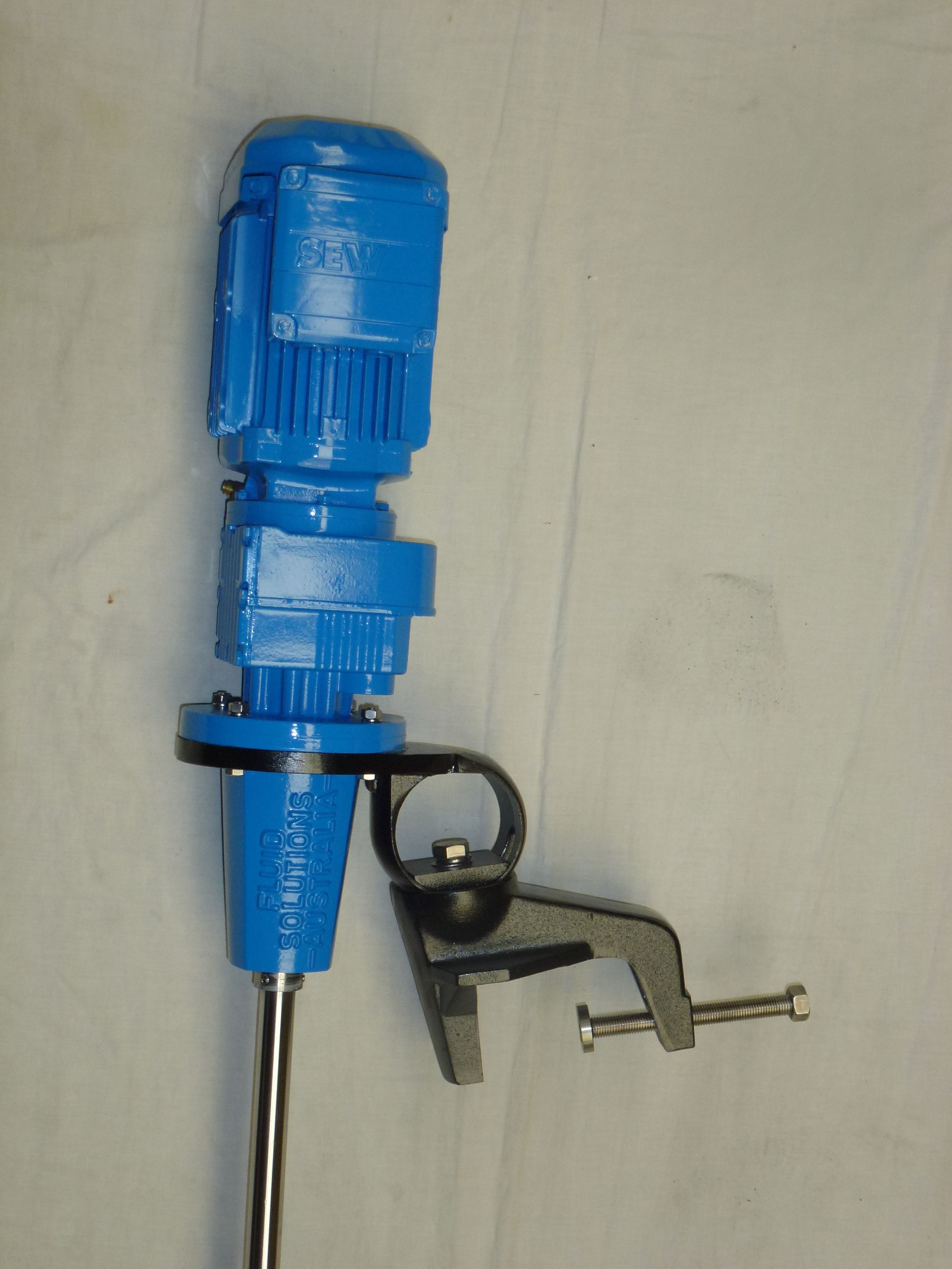 A clamp mount mixer with the motor painted blue the the cast aluminium clamp painted black.