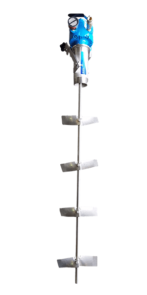 FluidPro Drum Mixer with shaft and folding impellers visible.