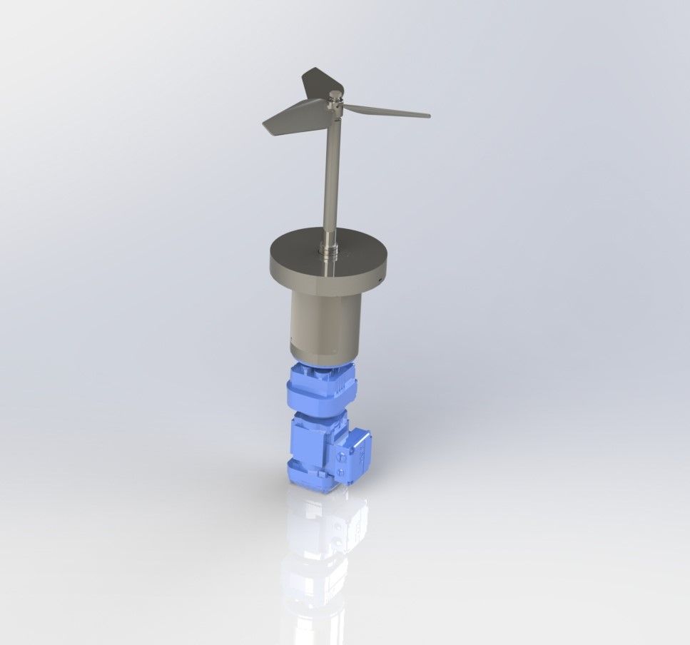 3d rendered CAD image of a FluidPro BE-10 base entry mixer, with the impellor pointing upwards and the motor at the bottom.