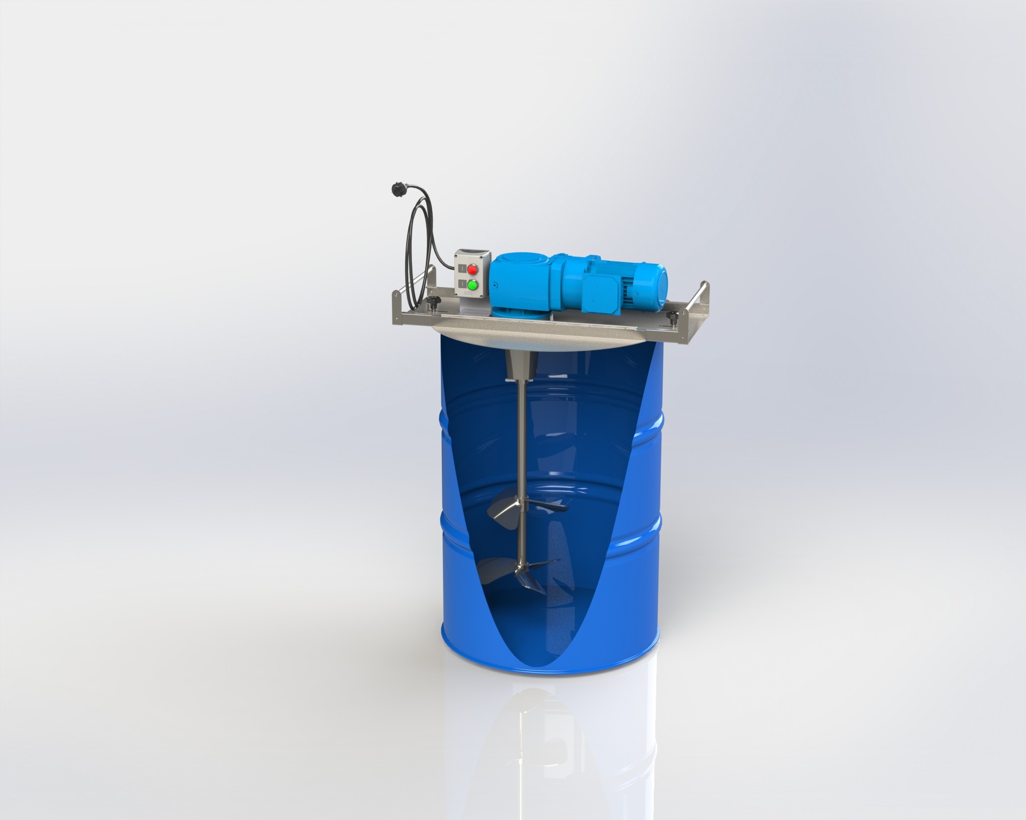 Rendered image of a FluidPro DM-70 drum mixer mounted to an open top drum. The cross section reveals the impellers and shaft inside the drum.