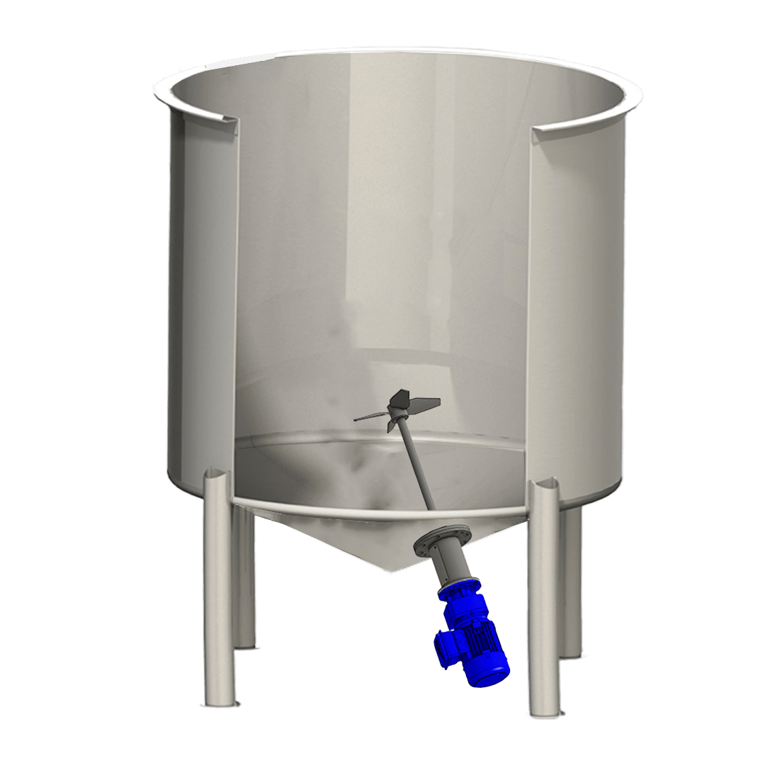 BE-10 base entry mixer agitator fitted to a tank, mounted at an angle.3d render cad drawing.